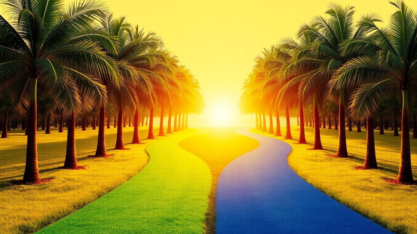 Two distinct paths converging, one vibrant green, one blue.