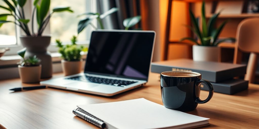 Escritório em casa com laptop e plantas verdes.