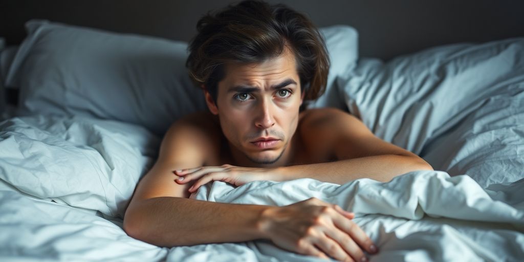 Person looking anxious in a dimly lit bedroom.