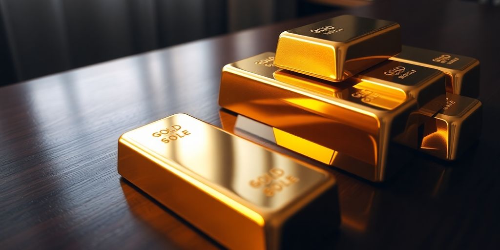 Lingots d'or empilés sur une table en bois.