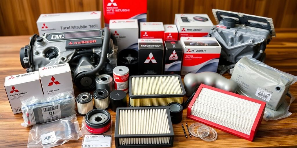 Close-up of genuine Mitsubishi auto parts on display.