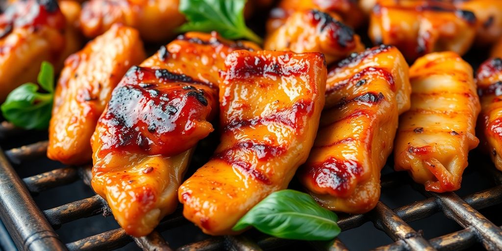 ไก่ย่างสมุนไพรไทยชิ้นใหญ่บนตะแกรง