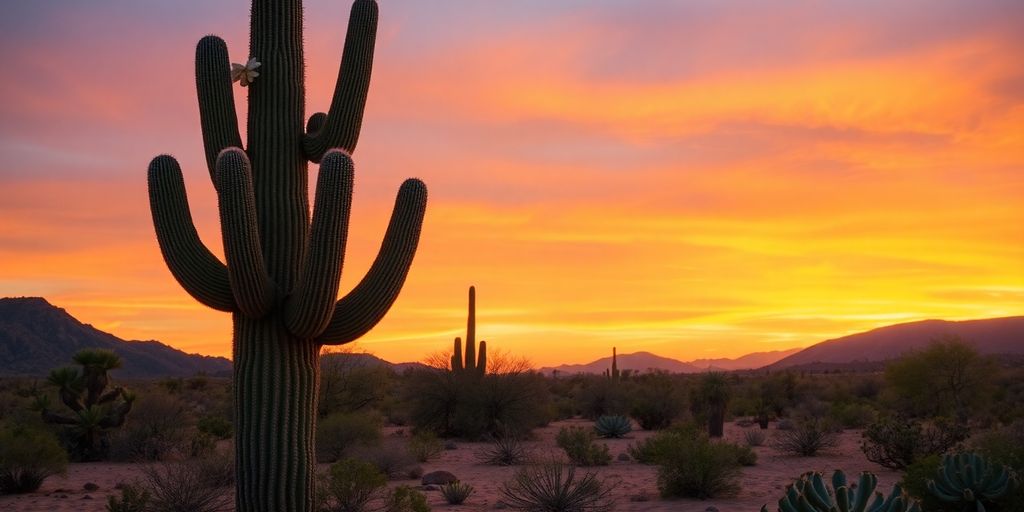 Saguaro en flor en desierto al atardecer.
