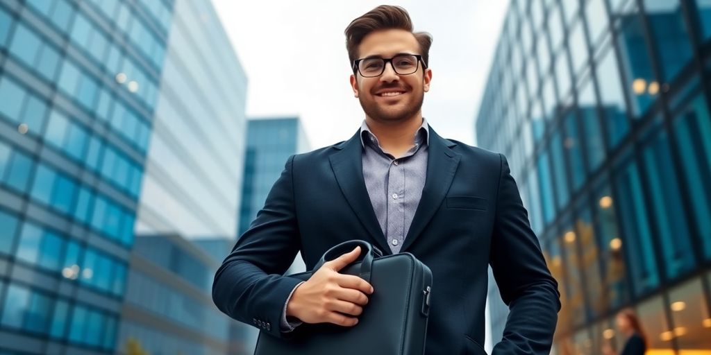 Entrepreneur with briefcase in front of modern office building.