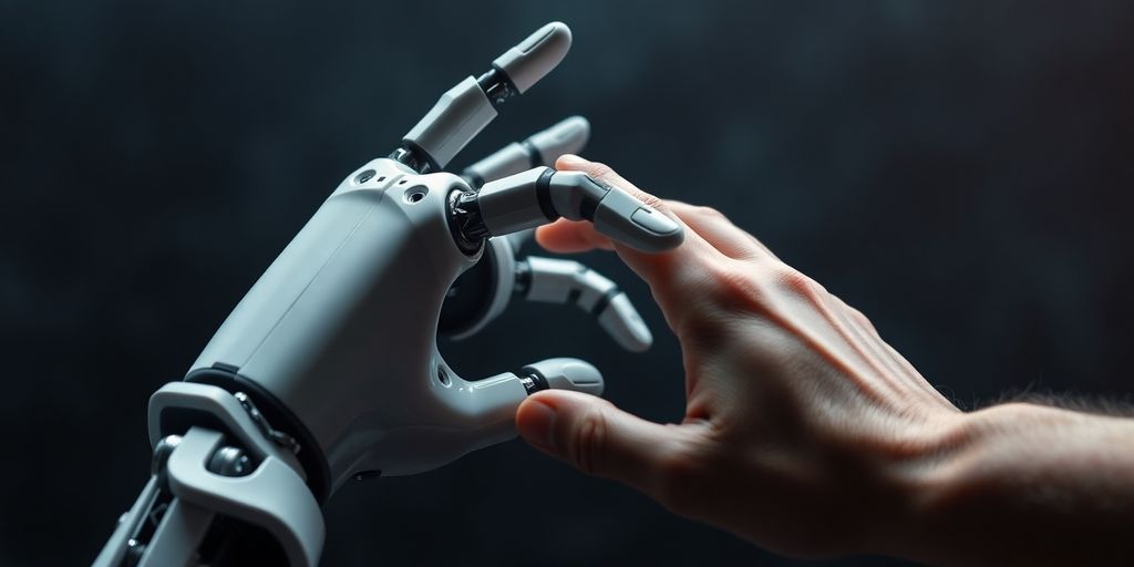 Robot and human hands reaching towards each other.