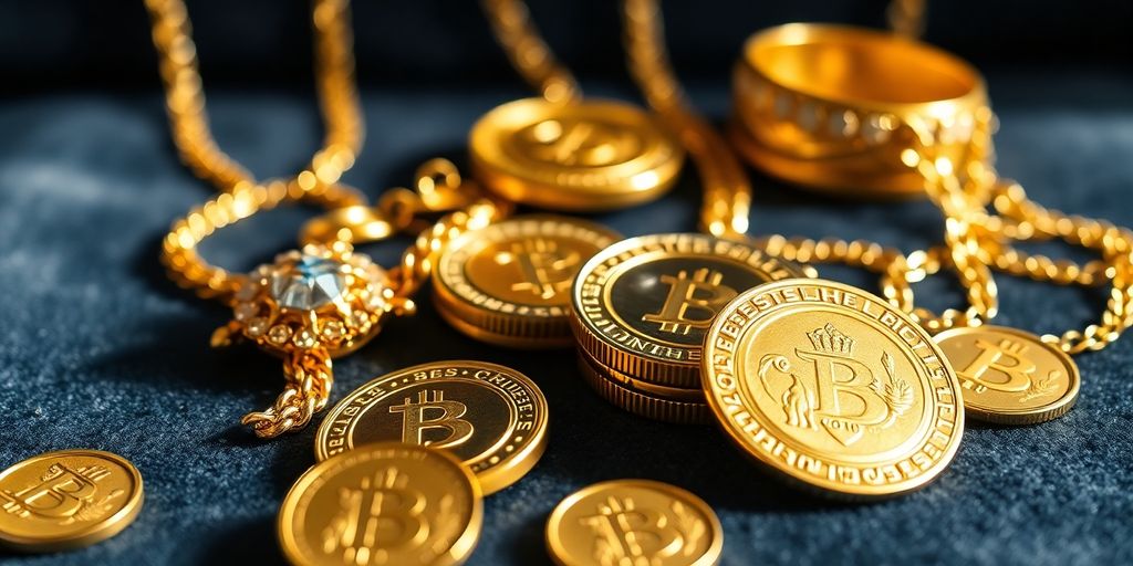 Bijoux en or et pièces sur fond en velours.