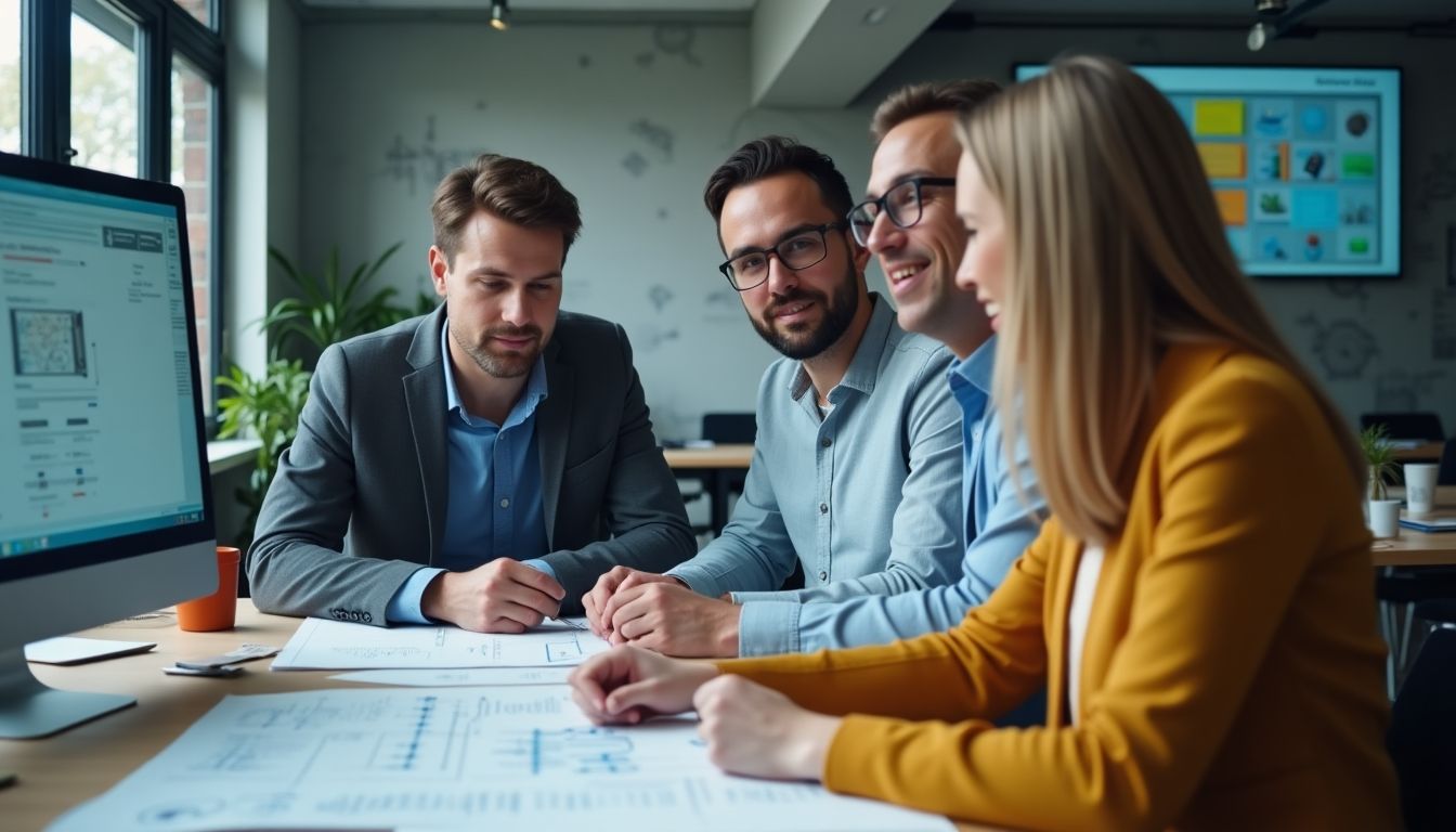 Professionals collaborating on technical documents in a modern office.