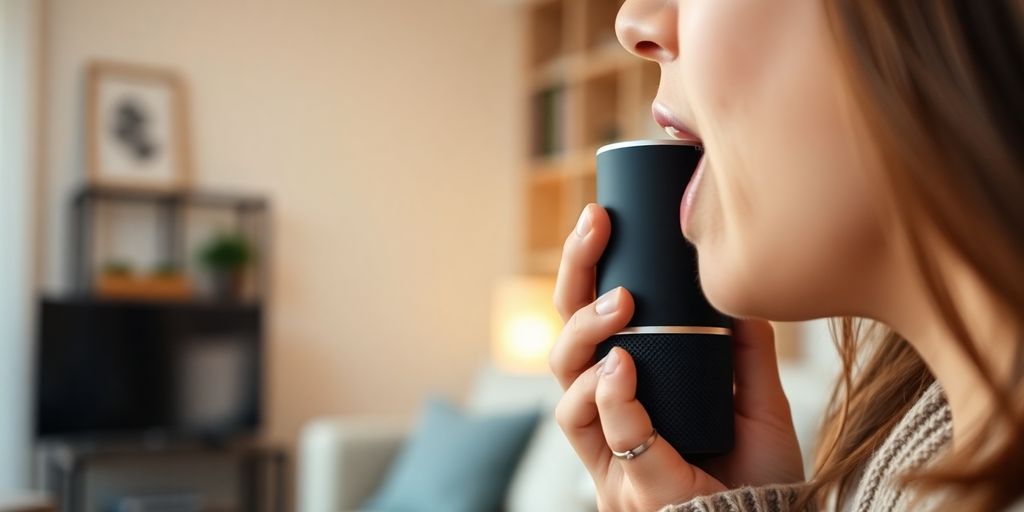 Person using smart speaker in a cozy home setting.