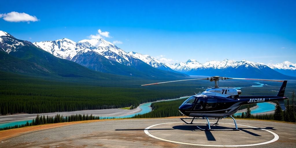 A helicopter on a remote Alaskan helipad near mountains.