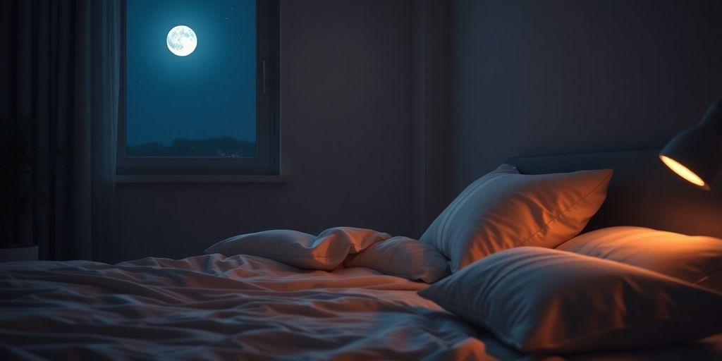 Cozy bedroom with moonlight, promoting restful sleep.