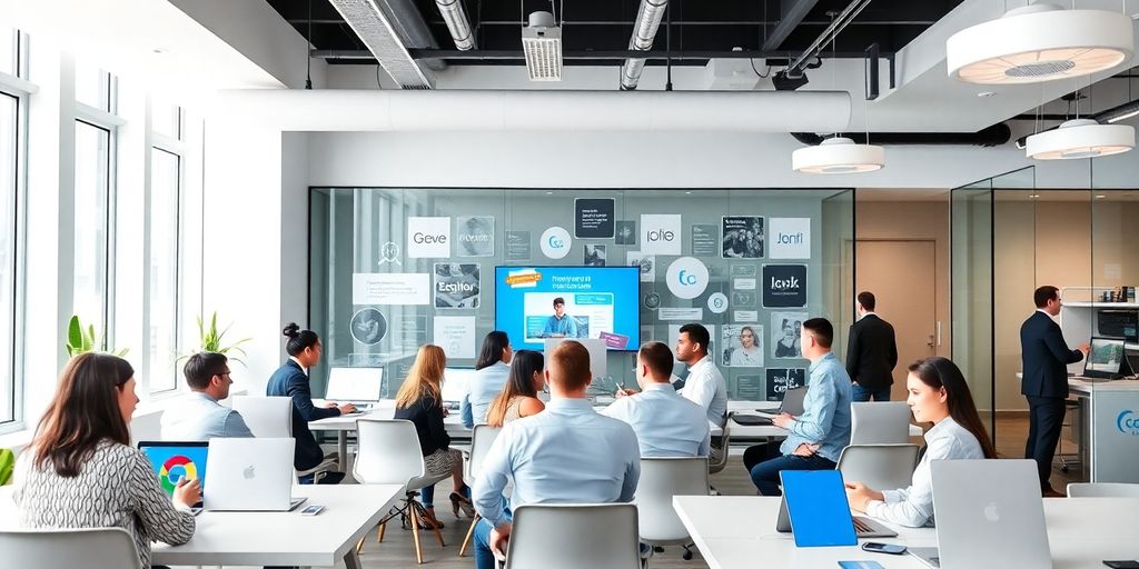 Profissionais de marketing digital em ambiente moderno e colaborativo.