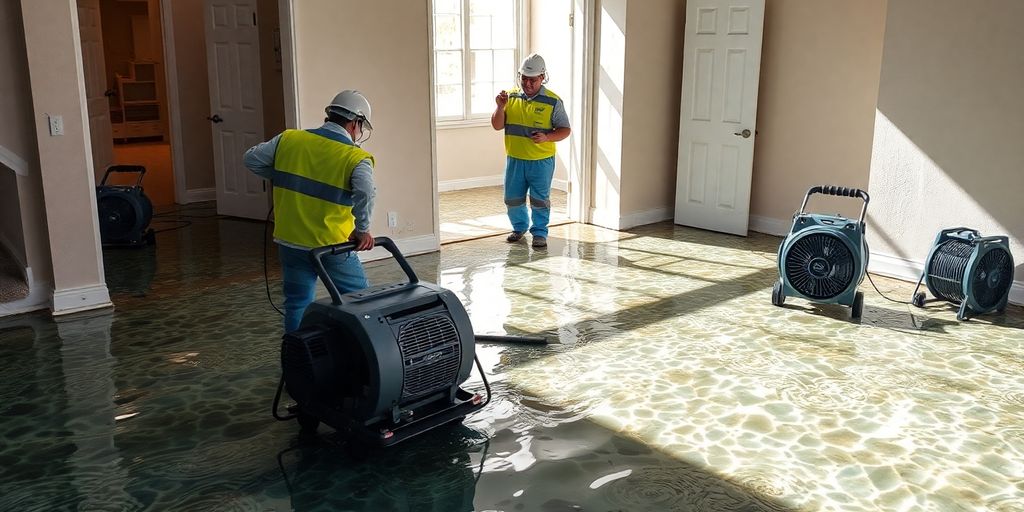 Flooded home recovery scene with workers in protective gear repair.