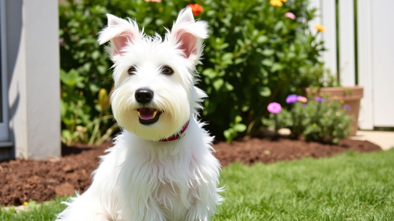 Playful Sealyham Terrier in a sunny garden.