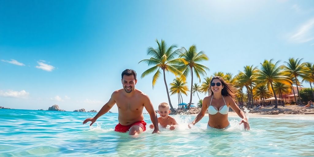 Family playing on sunny Cabo beach