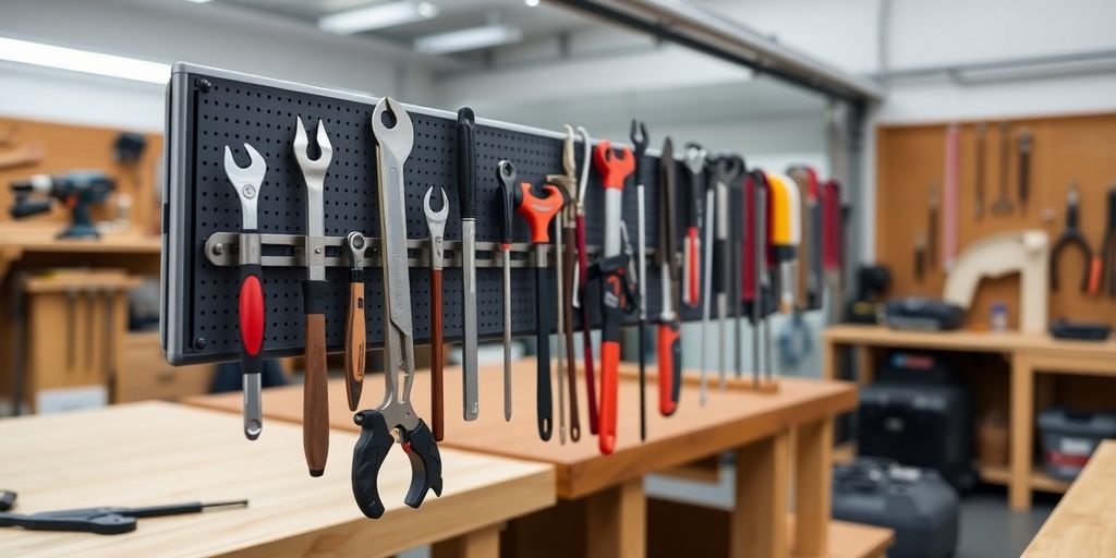 Magnetic tool strip with neatly organized tools in workshop.
