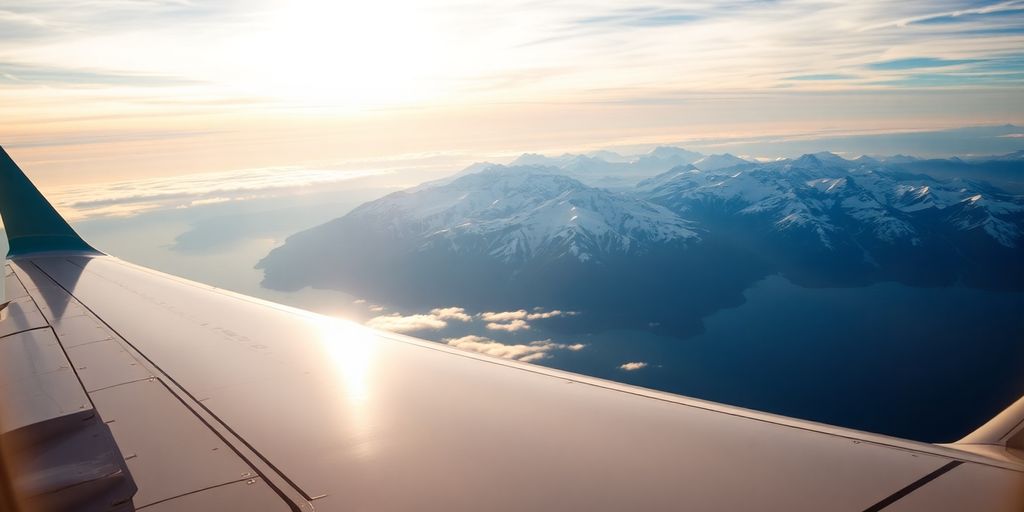 Plane wing above snow-capped mountains under pastel sky with clouds.