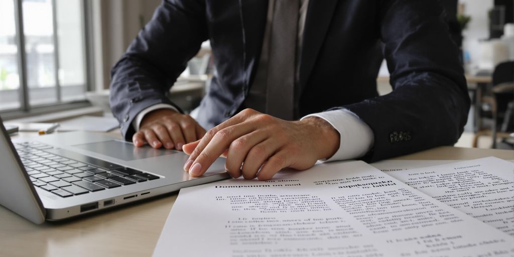 Translator working with documents in a bright office.