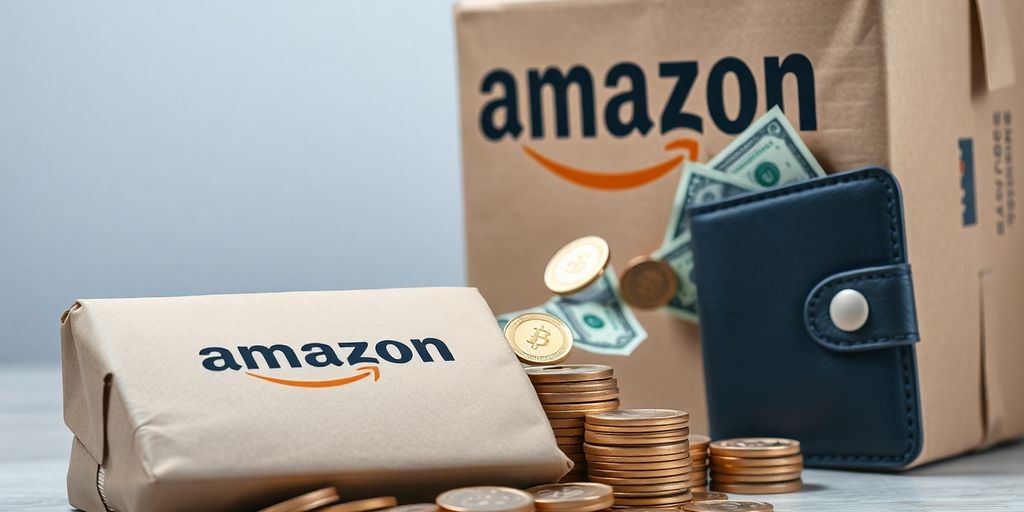 Amazon package and money flowing into a wallet.