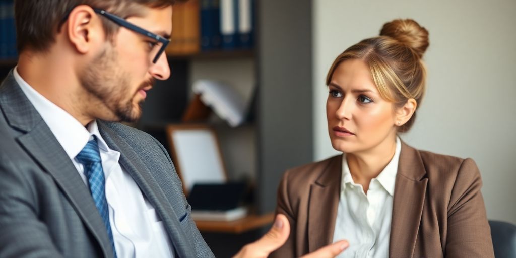 Solicitor and client discussing accident claim in office.