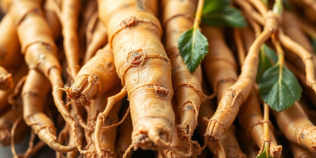Racines de ginseng fraîches sur fond flou.