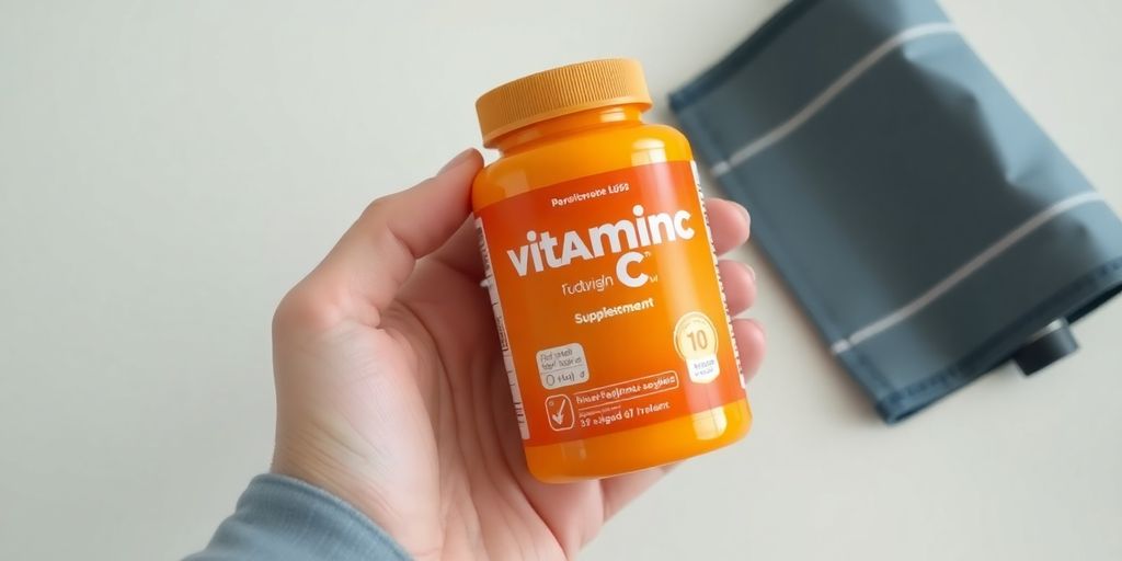 Person holding a vitamin C supplement near a blood pressure cuff.