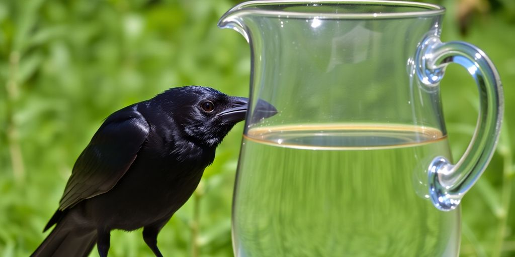 Crow looking into pitcher with water outdoors.