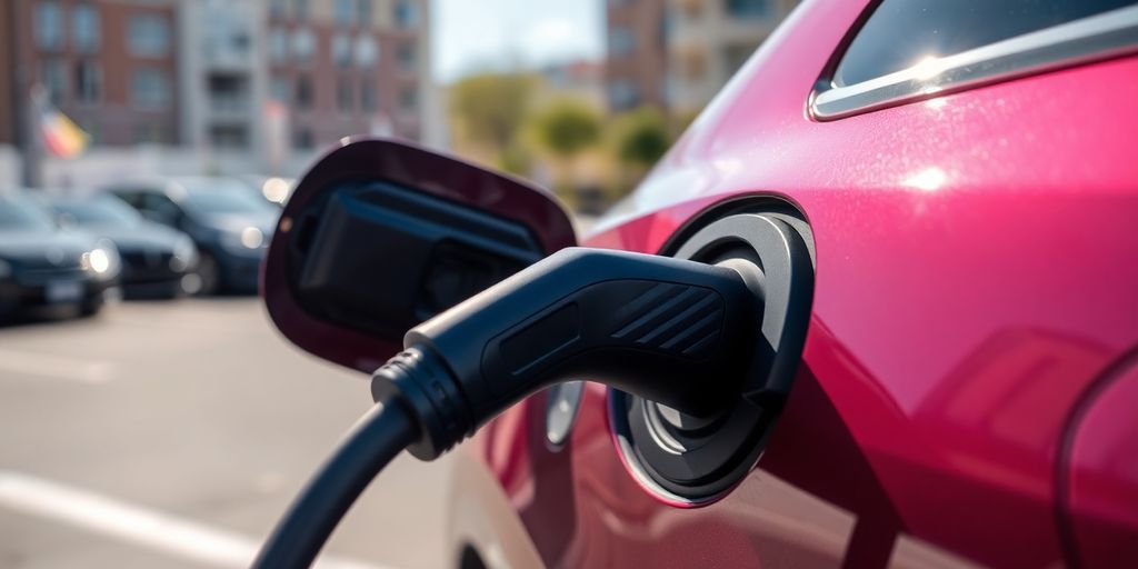 Electric car plugged into charging station.