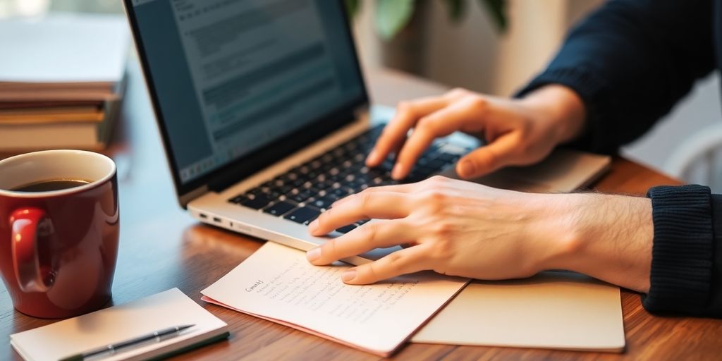 Person typing on a laptop in a cozy workspace.