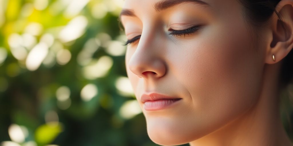 Person meditating peacefully outdoors.