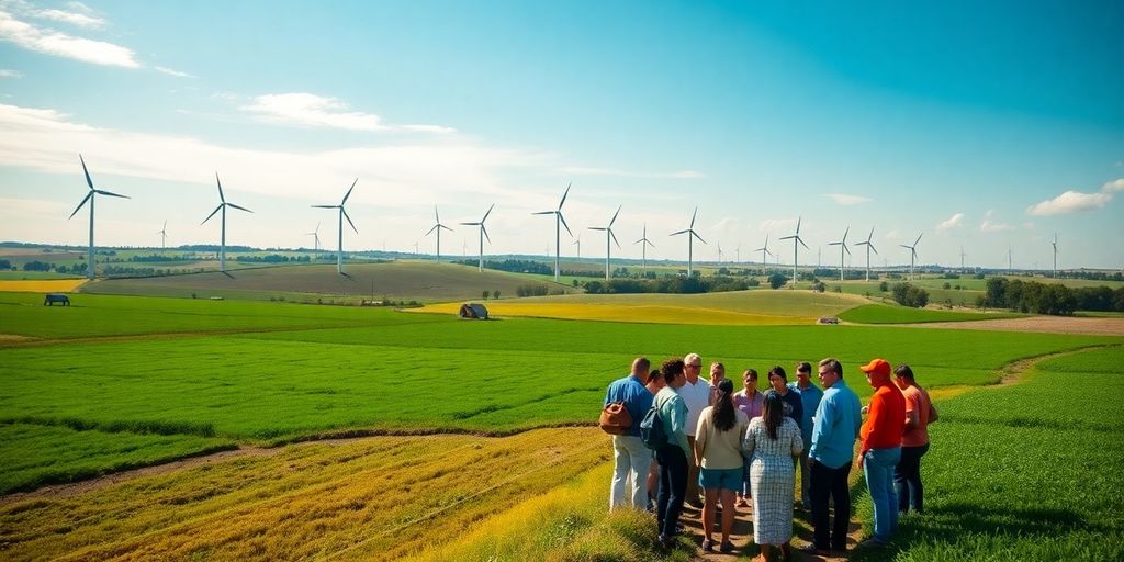 Diverse people collaborating in a sustainable green landscape.
