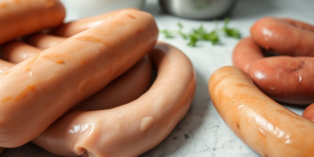 Saucisses et merguez de volaille crues sur une surface de cuisine.