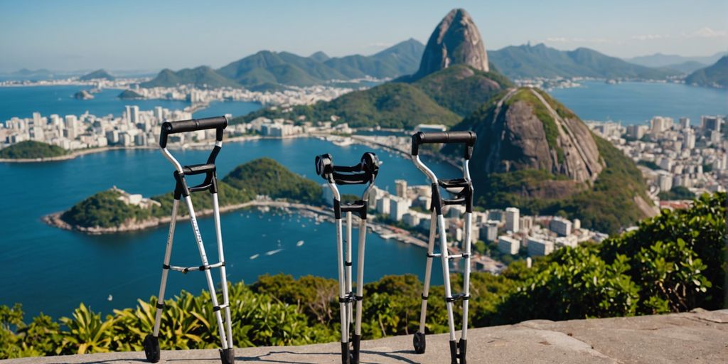 Ergonomic crutches with Sugarloaf Mountain in Rio de Janeiro, symbolizing comfort and practicality in mobility aids.