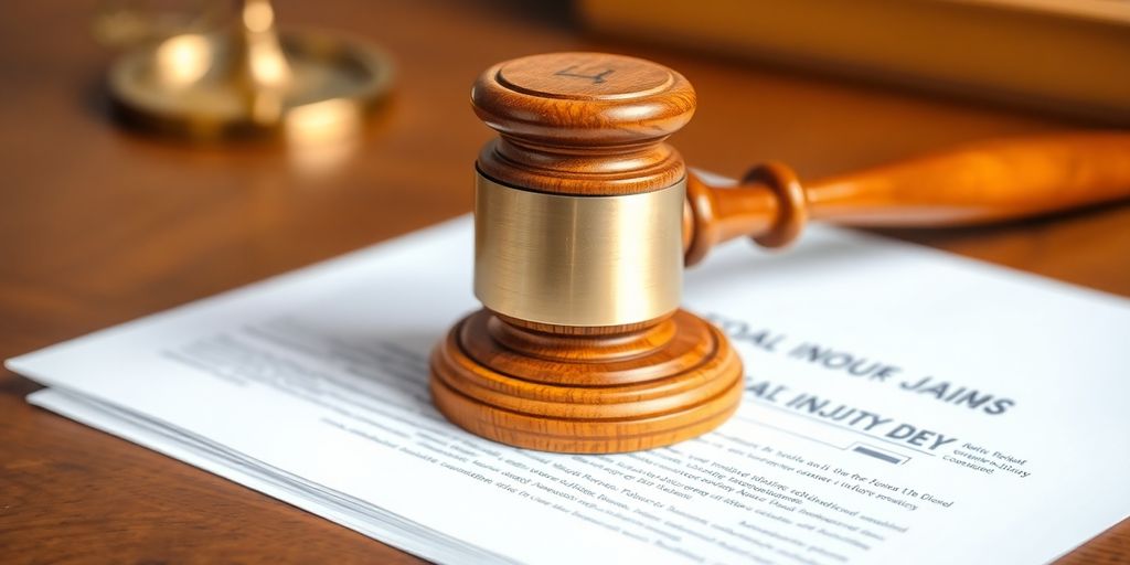 Gavel on legal documents in a courtroom setting.
