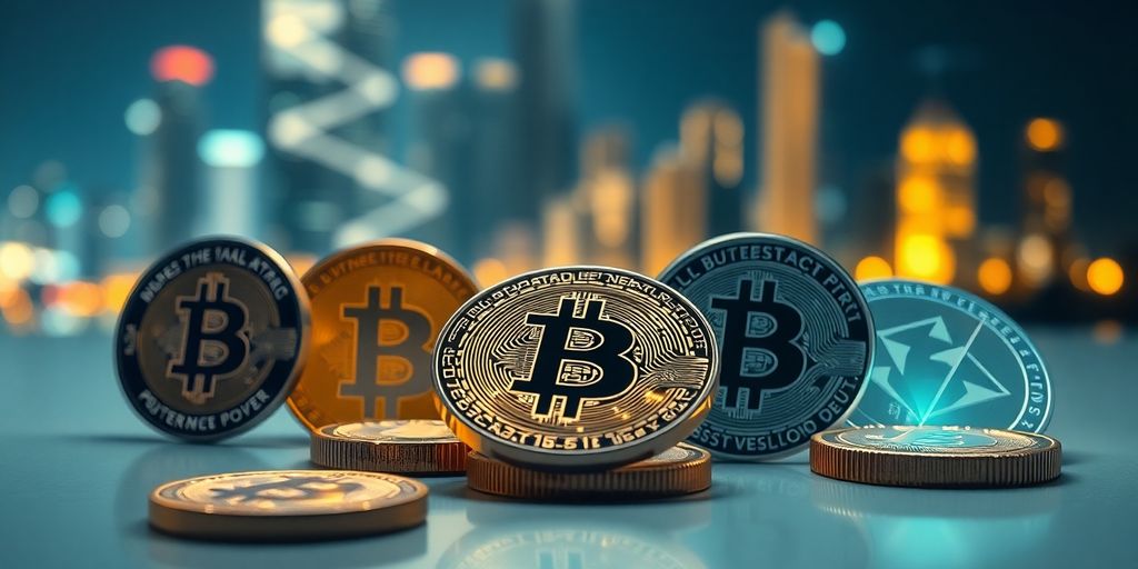 Digital currency flowing through futuristic city.