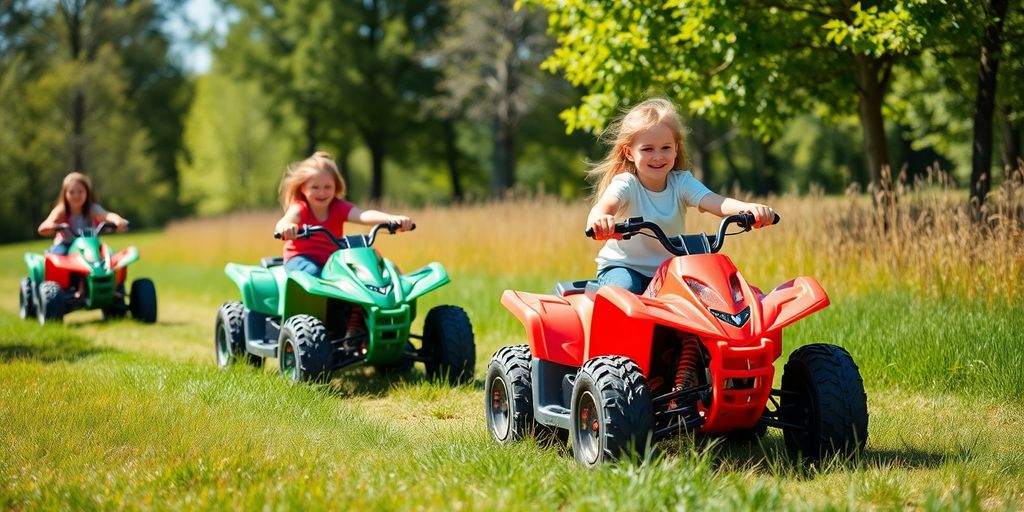 Kinderen rijden op kleurrijke quads in de natuur.