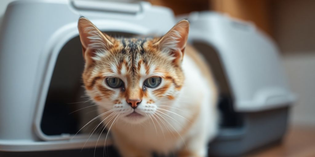 Cat by litter box showing signs of distress.