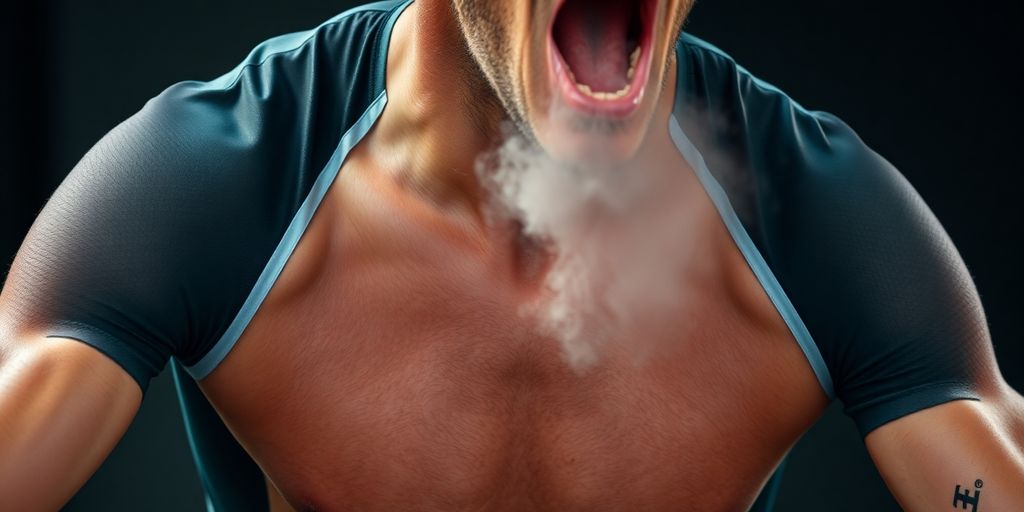 Cyclist's chest expanding with deep, rhythmic breaths.