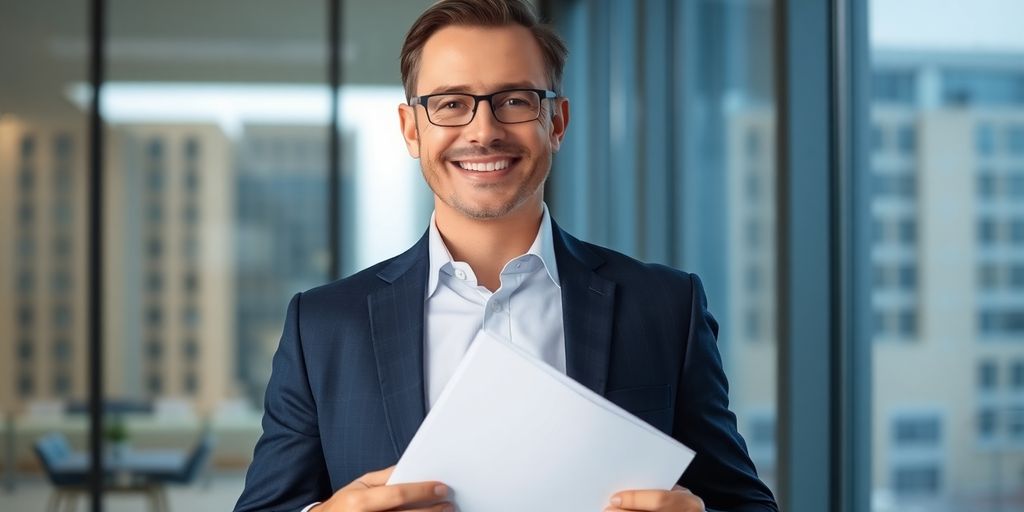 Homme en costume souriant avec des documents