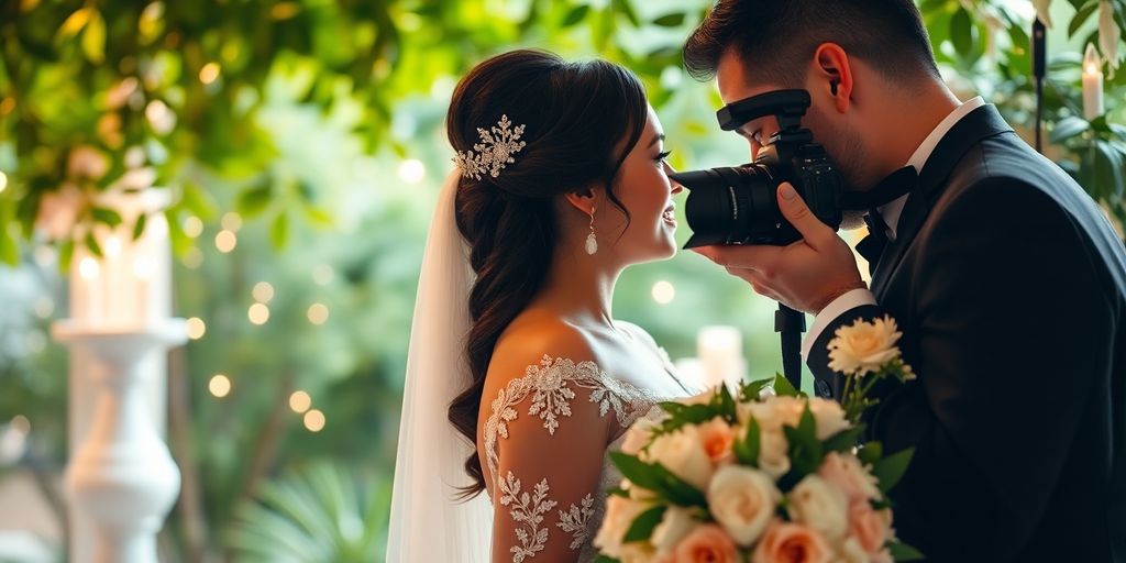 Hochzeitsfotografie mit Fotograf und glücklichem Paar.