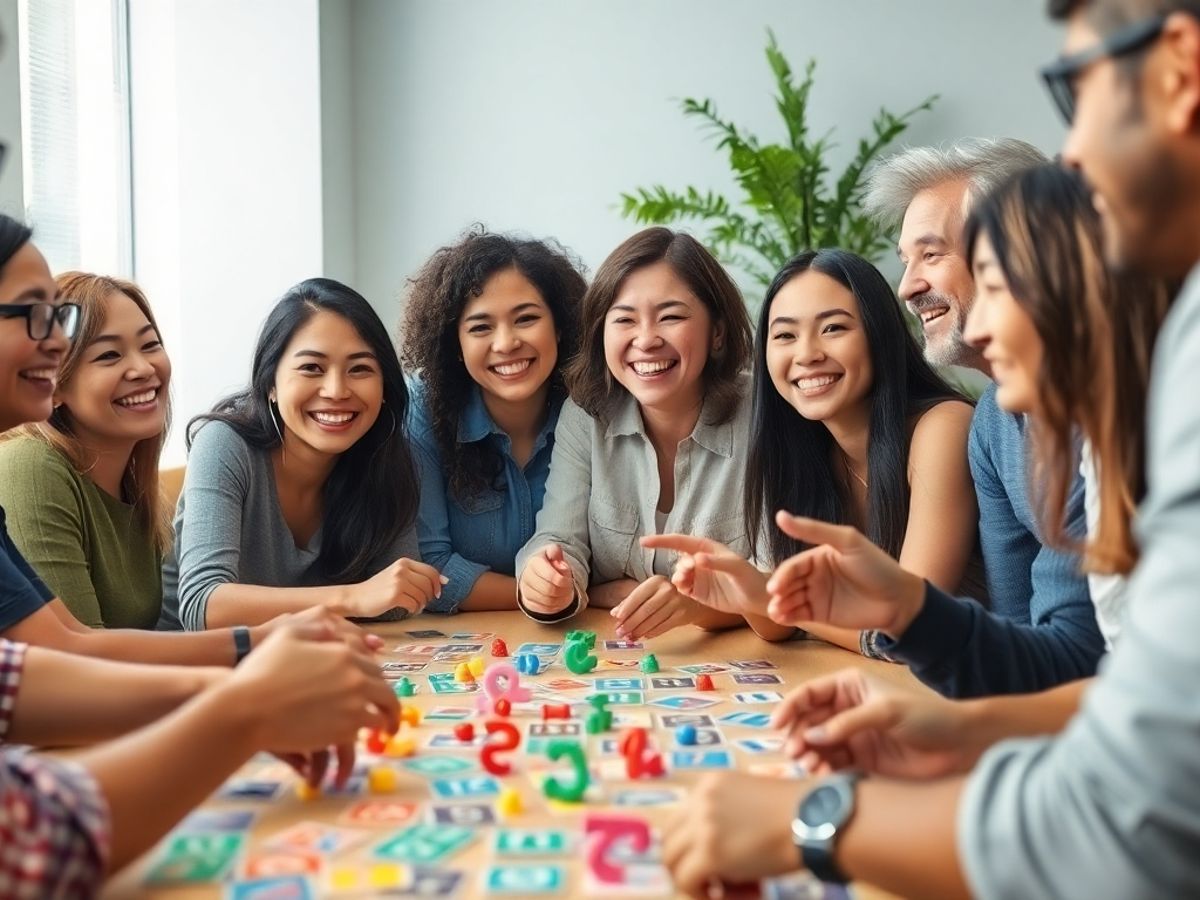 Adults playing engaging games to learn languages together.