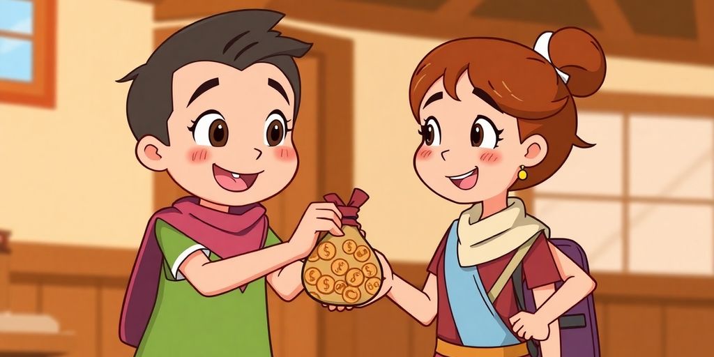 Cartoon hands exchanging money between two people.