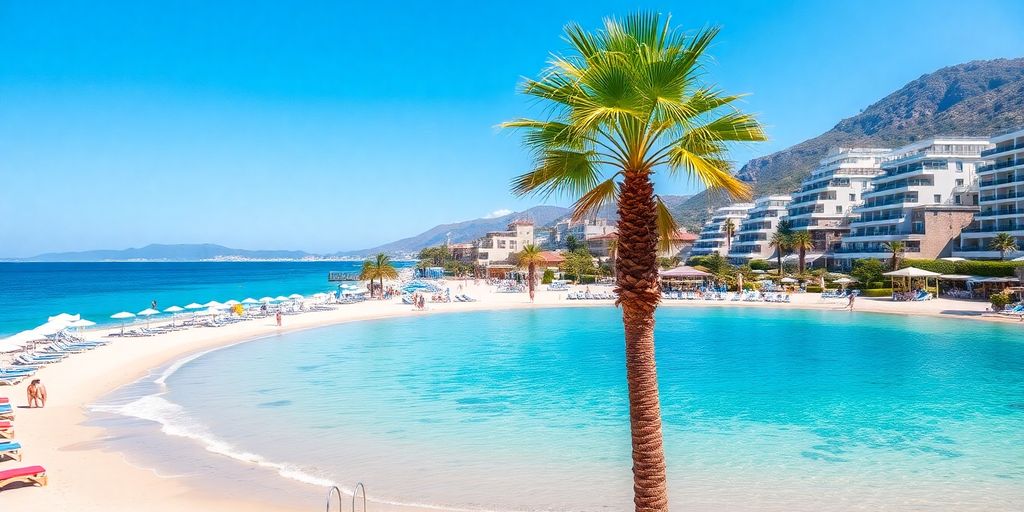 Strand mit luxuriösen Hotels in Alanya, Türkei.