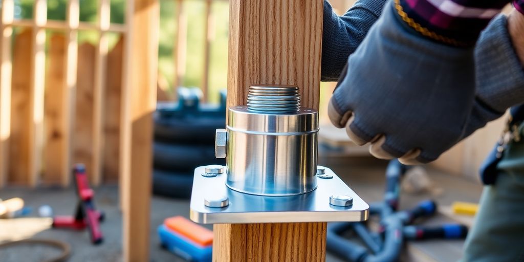Gloved hands tighten stainless-steel adjustable post base on wooden beam