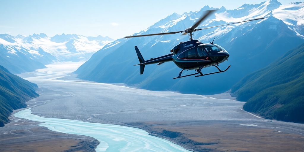 A helicopter flying over a remote Alaskan mountain valley.