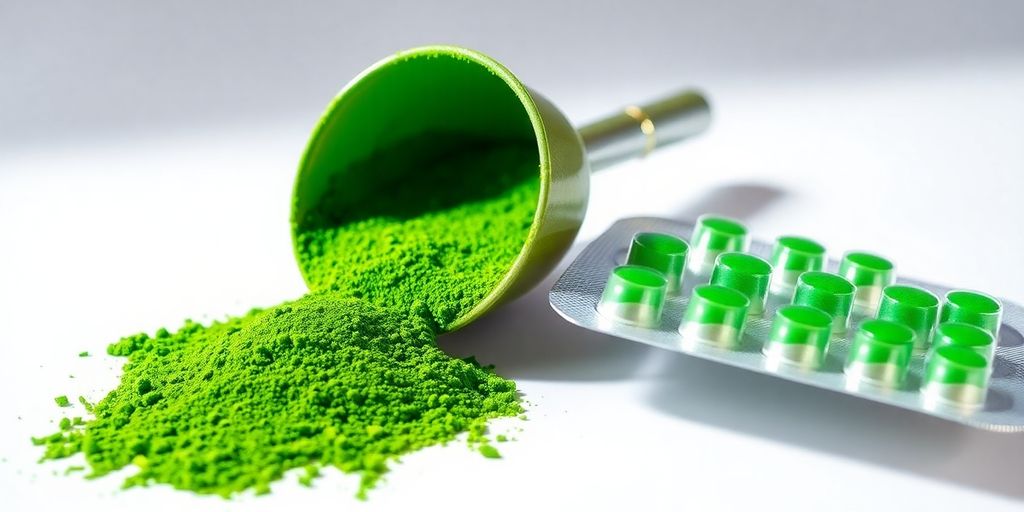 Green powder and pills side-by-side.
