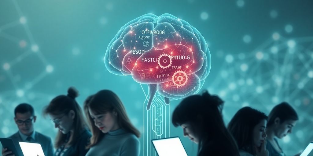 Glowing AI brain with gears, diverse people