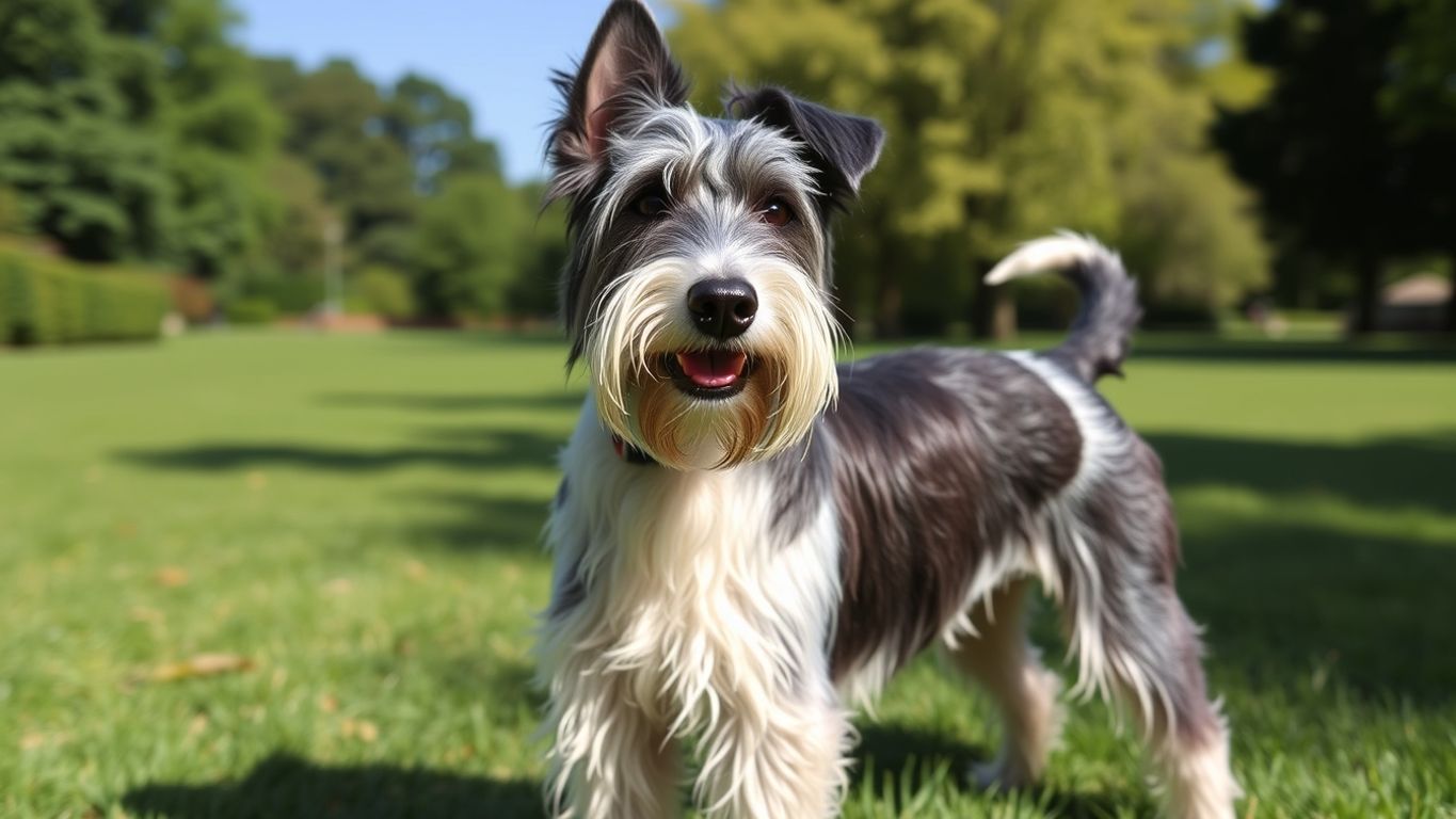 Sealyham Terrier in a green park under blue sky.