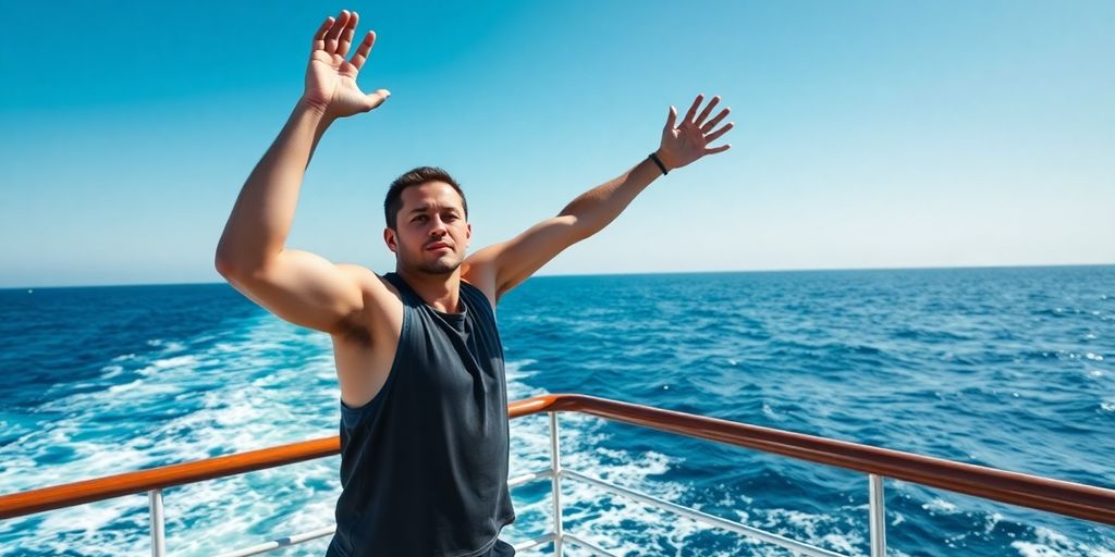 Seafarer exercising on deck with ocean backdrop.