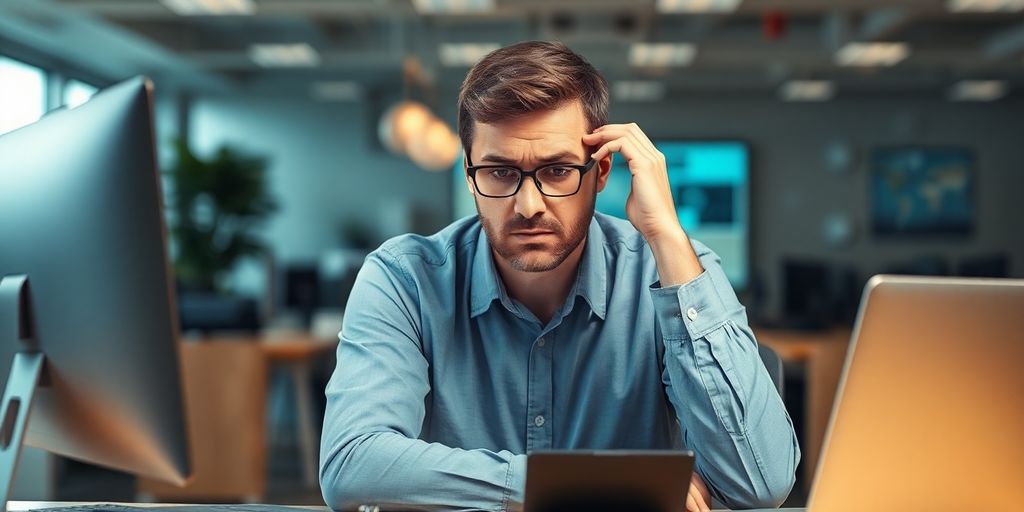 Concerned professional using AI technology in an office.
