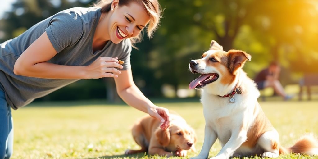 Dog training session with treats in a sunny park.